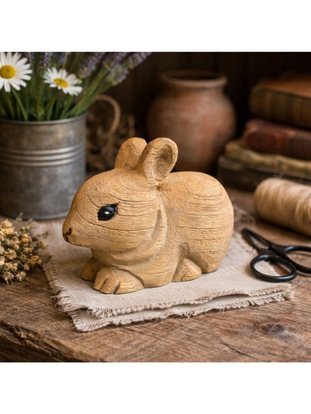 Vintage Carved Wood Bunny Figurine Rustic Driftwood Laying Down Rabbit Decor